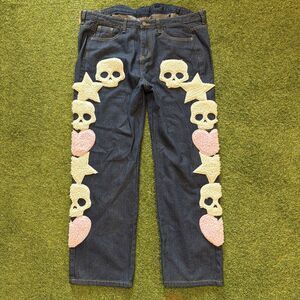 Y2K Made Extreme Black Air Blue Jeans Straight Leg Skull Motif Women Size 40